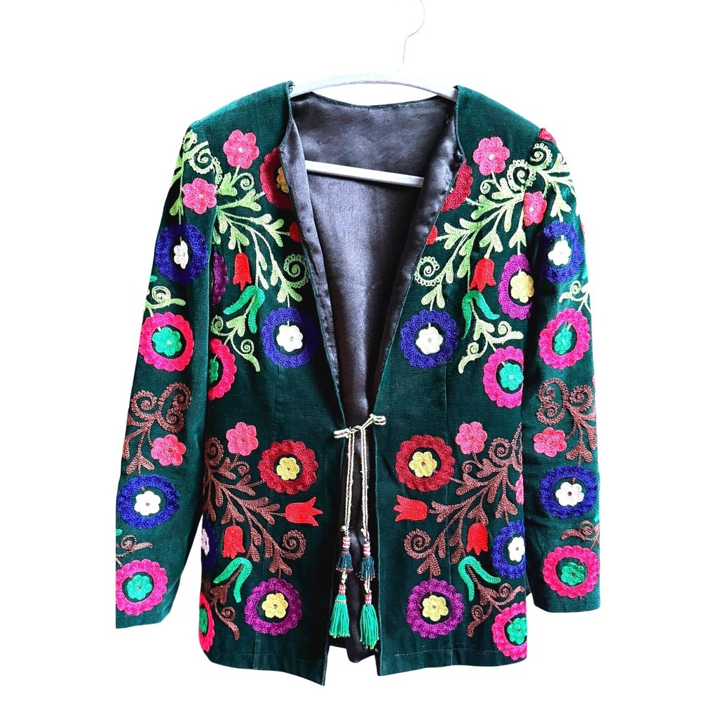 Floral Embroidered Corduroy Jacket Boho Tassel Art Deco Boho Baroque Ornate S